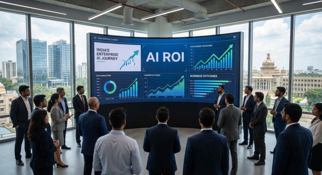 Business professionals attending a presentation on AI ROI displayed on a large digital screen in a modern conference room with city views.
