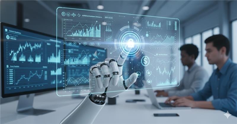 Robotic hand interacting with a holographic data dashboard displaying charts and financial analytics, with professionals working on computers in the background.